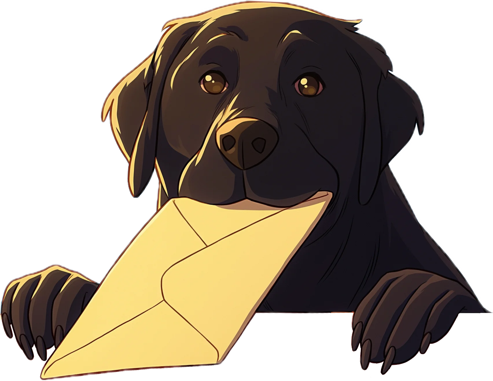 Rynn, the black Lab mascot, peeking up with an envelope in his mouth
